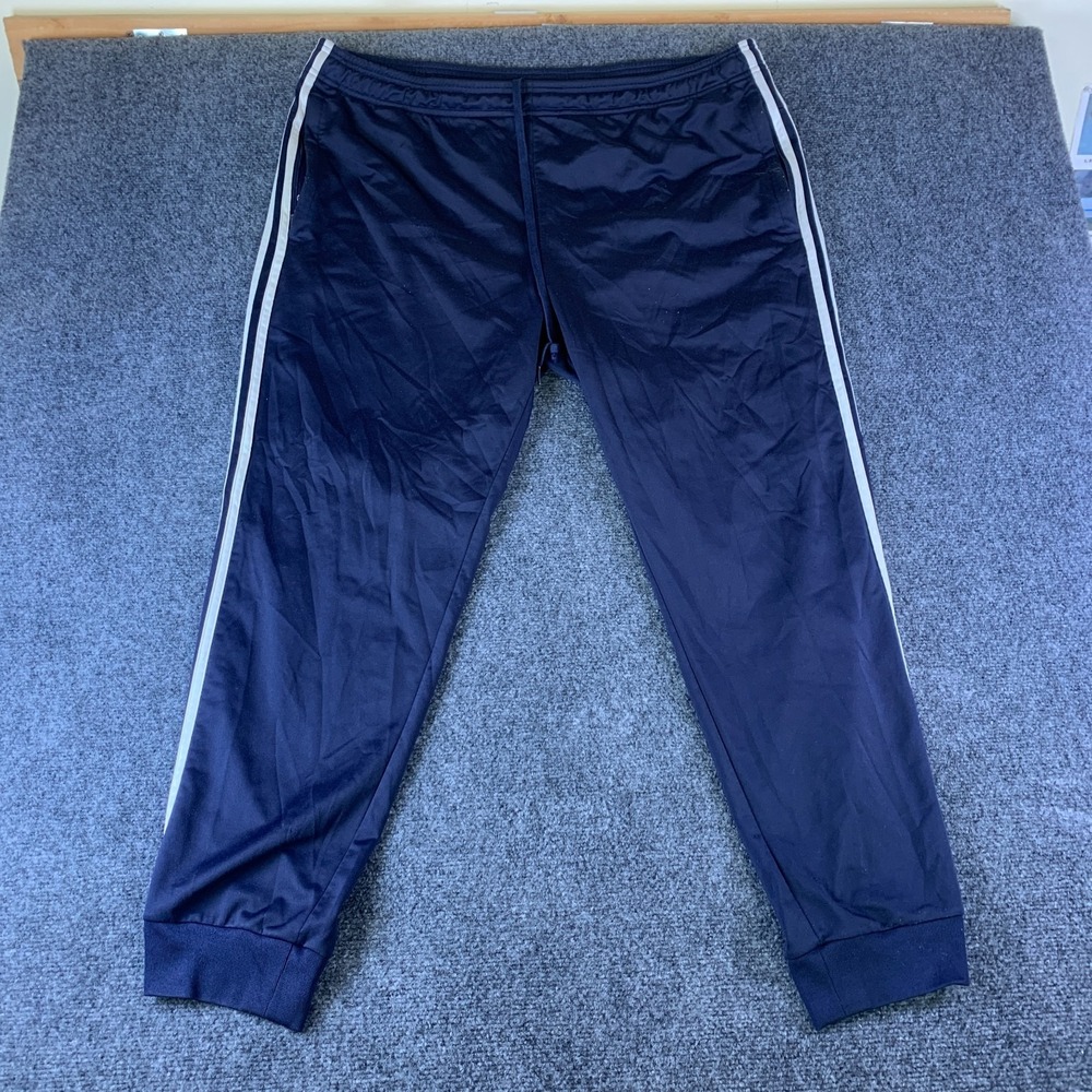 Adidas Track Pants Mens 2XL Blue White 3-Stripes Drawstring Tapered Leg Athletic